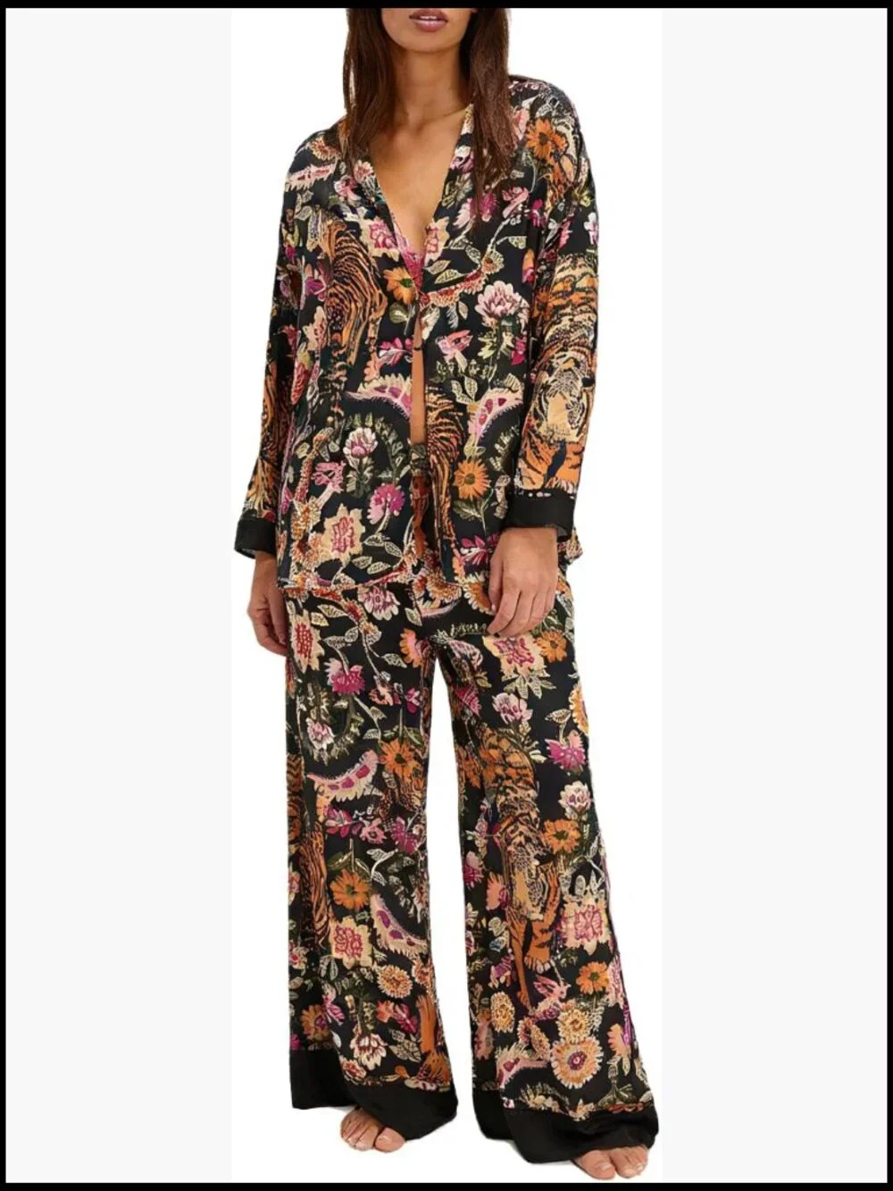 Satin Pajama Set Floral Silk Pajamas 2 Piece Lounge Sleepwear